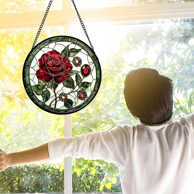 DASTOLL Stained Glass Window Hanging, Red Rose Gemstone Green Sun Catchers Diamond Glass Panel Hangings Suncatcher Decor for Birthday for Women, Men, Wife, Aunt, and Mom 6.3 in