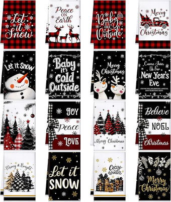 Bencailor 16 Pcs Christmas Kitchen Towels Xmas Holiday Hand Dish Towels Buffalo Plaid Snowman Truck Tea Dishcloths for Christmas Winter Holiday Kitchen Bathroom Home Decor Gifts