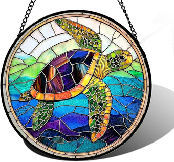 DASTOLL Stained Glass Window Hanging, Colored Turtle Ocean Suncatcher Diamond Glass Panel Hangings Marine Life Sun Catchers Decor for Birthday for Women, Men, Wife, Aunt, Mom 9.8 in