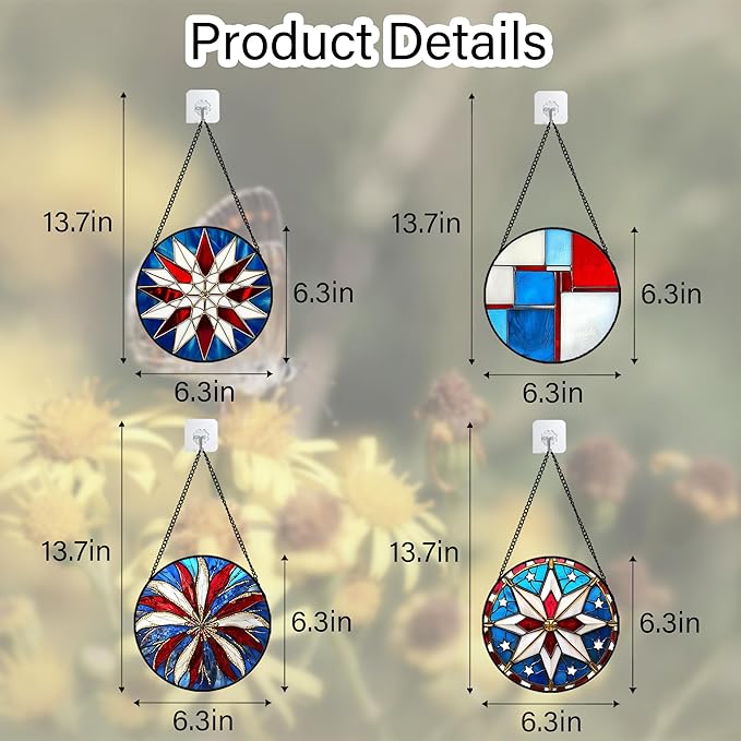 AMDERVEN Stained Glass Window Hanging 4 Pcs Set Abstract Flowers in Red White Blue 6.3" - Suncatcher Door Garden Sun Catcher Decor Birthday Mother's Day Xmas Gift for Mom Woman Nana Men Parents