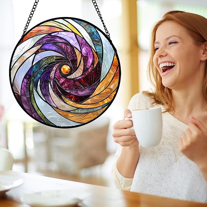 Stained Glass Window Hanging, Colorful Abstract Spiral Pattern Suncatcher for Doors Window Home Sun Catchers Decoration Mother's Day Birthday Gifts for Women, Men, and Mom 6.3 in
