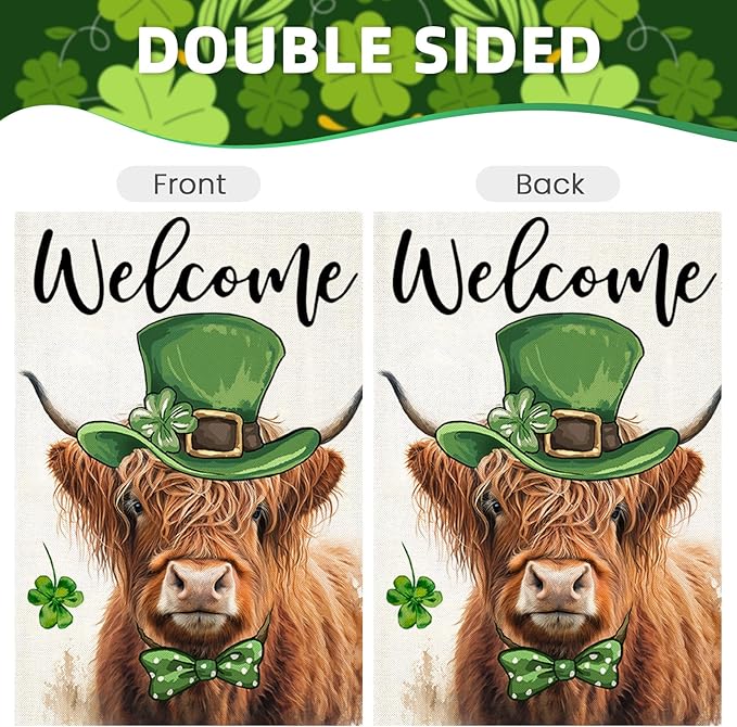 Welcome St Patricks Day House Flags for Outdoor Decoration, Highland Cow with Green Hat Lucky Shamrocks Large Yard Flag, Decorative Irish Celebration Decor for Seasonal Farmhouse Holiday