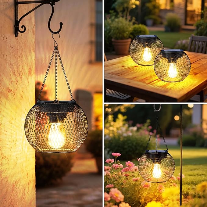 Solar Lanterns Outdoor Waterproof 4 Pack, Upgraded Metal Solar Hanging Lights with Hooks & Auto On/Off, Brighter Warm Outdoor Hanging Lantern Lighting for Porch Garden Yard Pathway Decor