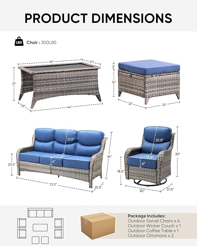 HUMMUH Wicker Patio Furniture Set 6 Inch Thick Cushion Outdoor Swivel Rocker Patio Chairs with Deep Seat Sofa 5PCS Outdoor Furniture Set for Porch Garden Deck