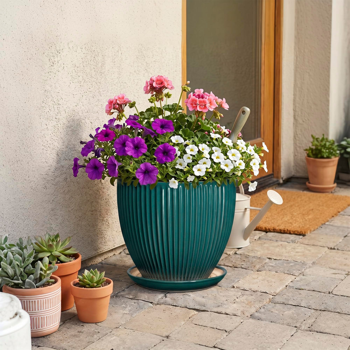 Wliror 10 Inch Flower Pot, Ceramic Planters with Saucer, Blackish Green