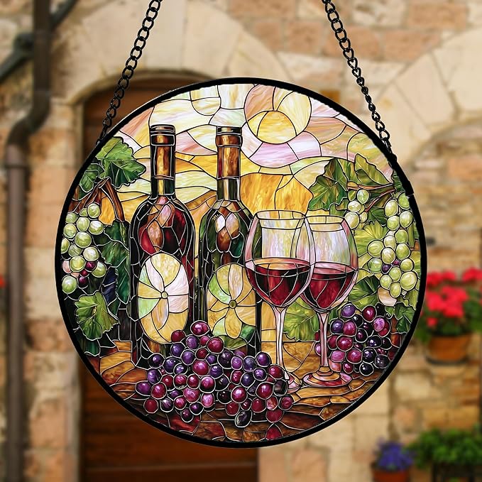 Stained Glass Window Hanging, Grapes and Wine Suncatcher Diamond Glass Panel Hangings Sun Catchers Decor for Birthday for Women, Men, Wife, Aunt, and Mom 9.8 in