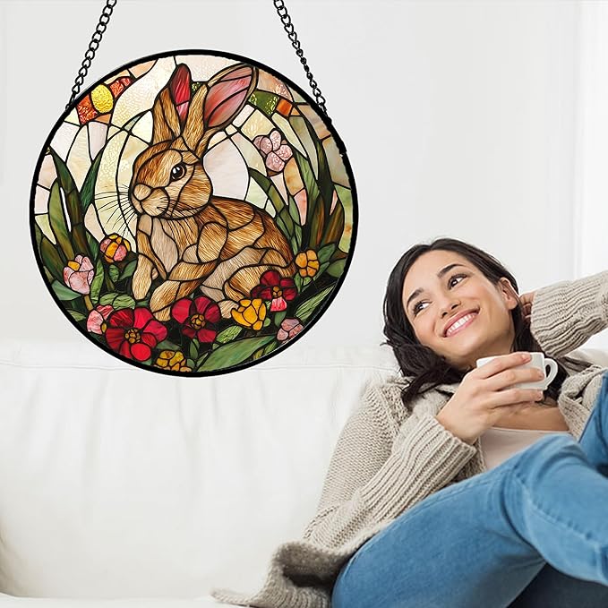 AMDERVEN Stained Glass Window Hanging, Cute Bunny Flowers Sun Catcher for Window Door Home Decor, Rabbit Suncatcher Christmas Mother's Day Birthday Gifts for Women Men Mom and Nana 15 in