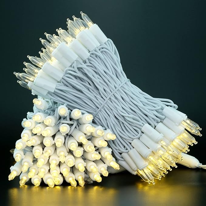 YULETIME 200 Warm White LED Christmas Lights, 66 Feet White Wire UL Certified Commercial Grade Holiday String Light Set