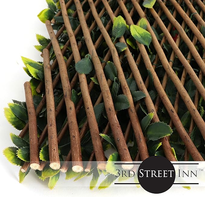 3rd Street Inn™ Leaf Trellis - Bamboo Greenery Panel - Boxwood and Ivy Privacy Fence Substitute - DIY Flexible Fencing (4, Red Rose Rattan)