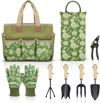 Colwelt Garden Tools Set, 8 Piece, Heavy Duty Gardening Tools with Wooden Handle, Including Garden Tote, Kneeling Pad, Gloves, Pruner, Trowel, Tulip Trowel, Cultivator - Gardening Gifts for Women Men