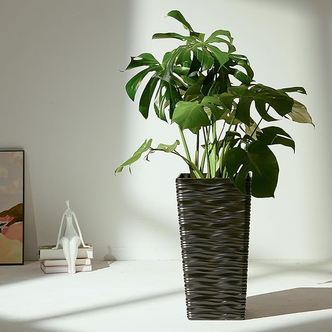 Worth Garden 2-Pack Black Tall Planter - Plastic Square Tapered Tree Plant Pots for Indoor Outdoor - 22" H - Modern Wavy Finish Decorative Flower Pots for Front Porch Containers Patio Deck
