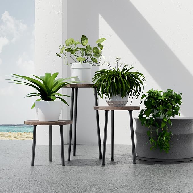 Plant Stand Indoor Tall: Corner Wood Plant Stand 2 Pack Mid Century Modern Decor - Small Round Plant Table for Indoor Plants - Outdoor Plant Holder for Patio Living Room Bathroom Office (Grey Wood)