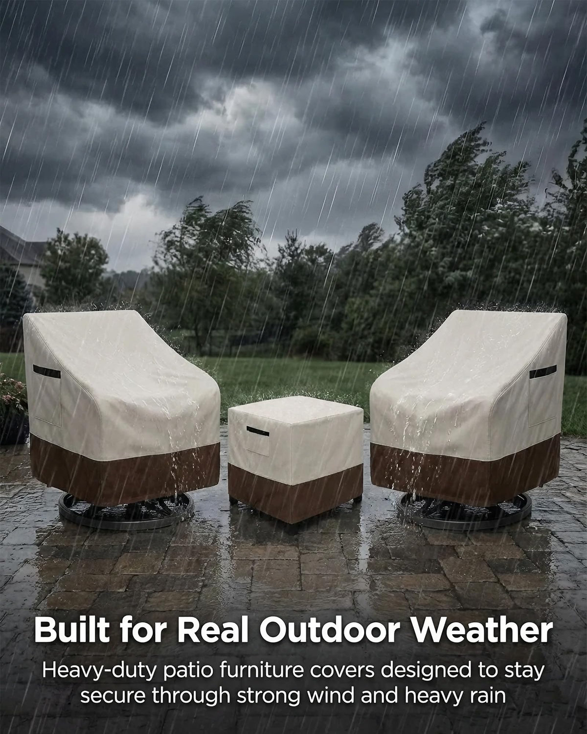 Patio Furniture Covers Set for 3-Piece Bistro Sets, Heavy-Duty 600D Waterproof Outdoor Furniture Covers for 2 Chairs&Side Table,UV Resistant, All-Season Protection for Patio,Porch Backyard,Beige&Brown