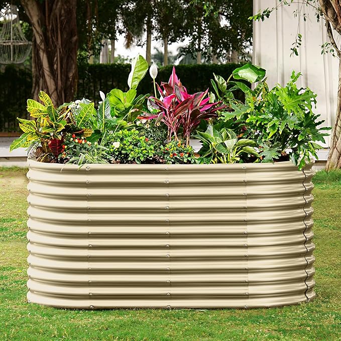 Land Guard 8x4x3ft Oval Galvanized Raised Garden Beds, Large-Capacity Metal Planter Box Outdoor, Durable Deep Raised Garden Bed 3ft Tall, Raised Beds for Gardening Vegetables, Cream Yellow