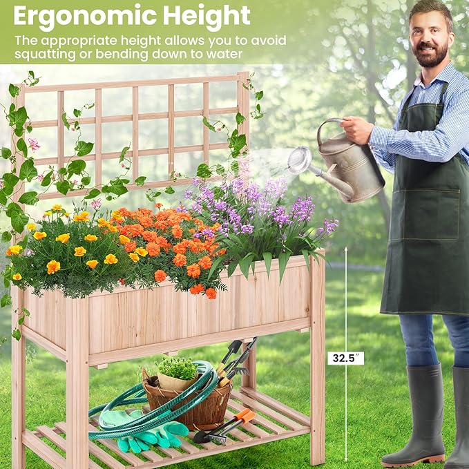 S AFSTAR Raised Garden Bed with Trellis, 42x21x58in Elevated Planter Box with Legs, Bottom Storage Shelf, Planter Liner, Wood Standing Planter Stand for Climbing Plants Flowers Vegetables Herbs