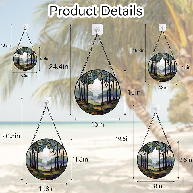 DASTOLL Stained Glass Window Hanging, Green Brown Smoke Forest Moon Suncatcher for Doors Window Home Tree Sun Catchers Decor Mother's Day Birthday Gifts for Women, Men Mom 6.3 in