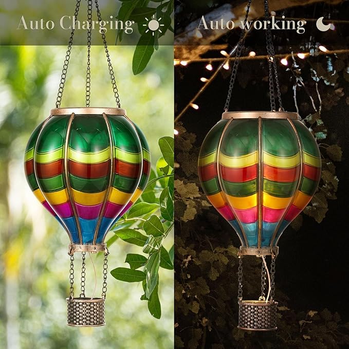 TERESA'S Collections Valentines Day Outdoor Decorations Hot Air Balloon Solar Lantern ,Hanging Flickering Flame Outdoor Lights for Garden Trees Yard, Colorful Lamp Decor for Mom Lovers