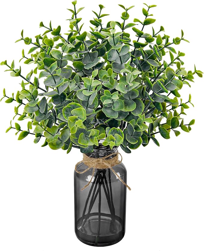 Der Rose 14.5" Fake Plants for Black Bathroom Decor Artificial Eucalyptus Stems in Black Glass Vase with Faux Water for Office Desk Accessories Home Wedding Decor