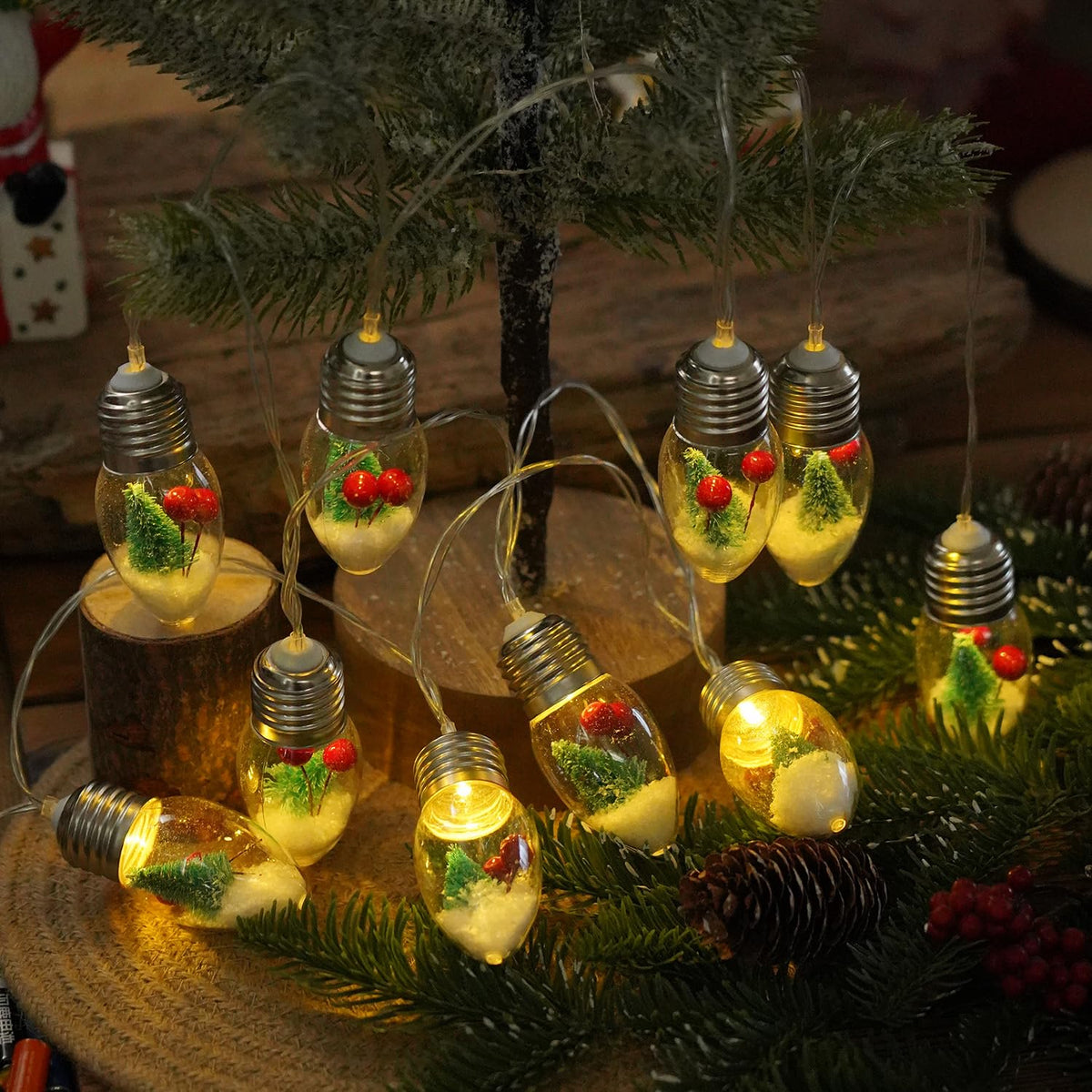 HFXXAD Christmas Snow Globe String Lights Indoor Decorations, 10 LED Clear Bulbs String Lights with Christmas Tree & Berry for Home Bedroom Fireplace Xmas Lights(6.6FT)