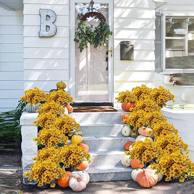Uieke 16PCS Artificial Flowers for Outdoors UV Resistant No Fade Yellow Fake Flowers for Outside Home Garden Porch Window Box Home Summer Fall Décor (Yellow)