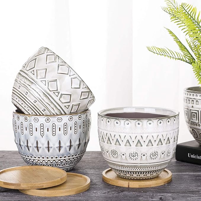 VanEnjoy 5.5 inch Large Round Bohemian Style Ceramic Planter, Geometry Engrave Off White Brown Succulent Planter Flower Pot, Indoor Outdoor Decorative Planter