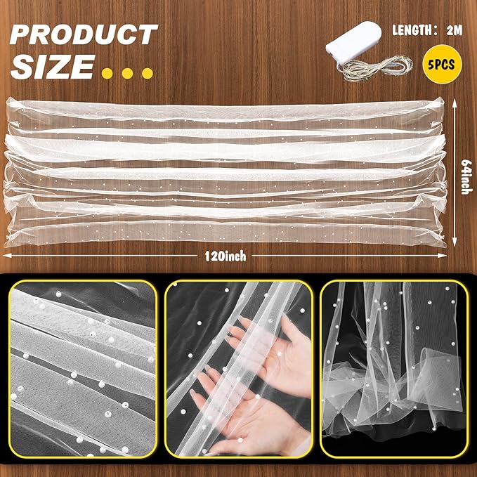 Kinlop Plug in Type 10 ft 64x120 Inch White Pearl Tulle Table Runner with LED Lights for Valentine's Wedding White Chiffon Birthday Table Skirt Tablecloth Decor Outside Baby Shower Ceremony