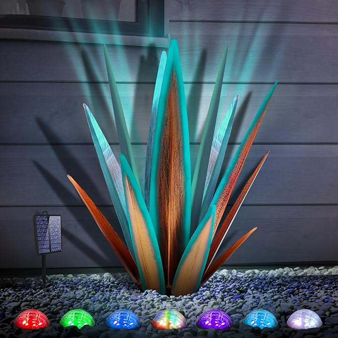 KODIBO Large Tequila Rustic Sculpture, Rustic Metal Agave Plants for Outdoor Patio Yard, Home Decor Hand Painted Metal Agave Garden Yard Statue, Outdoor Lawn Ornaments (Blue - L (W/Solar Light))