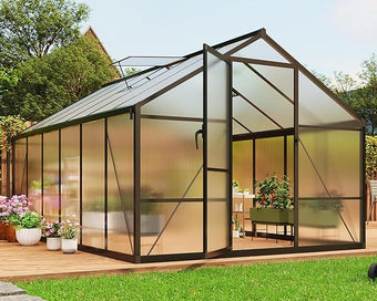 8X12 FT Outdoor Polycarbonate Greenhouse, Sturdy Aluminum Frame, Adjustable Roof Vent, Ideal for Backyard, Patio, or Garden, All-Weather Green House for Growing Plants and Vegetables