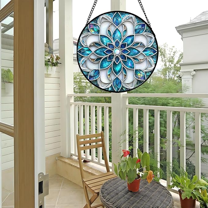 JOSUMALY Stained Glass Window Hanging - Blue White Abstract Flowers Suncatcher for Door Terrace Garden Home Decor Boho Sun Catcher Birthday Gifts for Lovers Women Men Dad Mom Nana 7.8 in