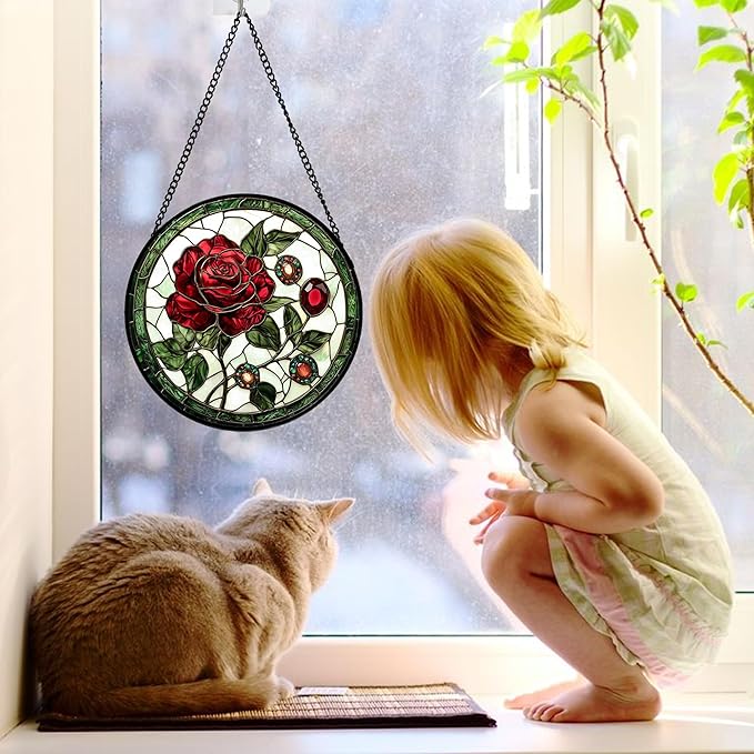 DASTOLL Stained Glass Window Hanging, Red Rose Gemstone Green Sun Catchers Diamond Glass Panel Hangings Suncatcher Decor for Birthday for Women, Men, Wife, Aunt, and Mom 7.8 in