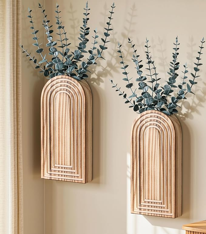 DREAMLOOM 2 Pack Wooden Wall Vases with Eucalyptus Artificial Plants, Wall Hanging Planters Boho Modern Farmhouse Indoor for Narrow Spaces Entryway Bathroom Home Office Decoration, Brown