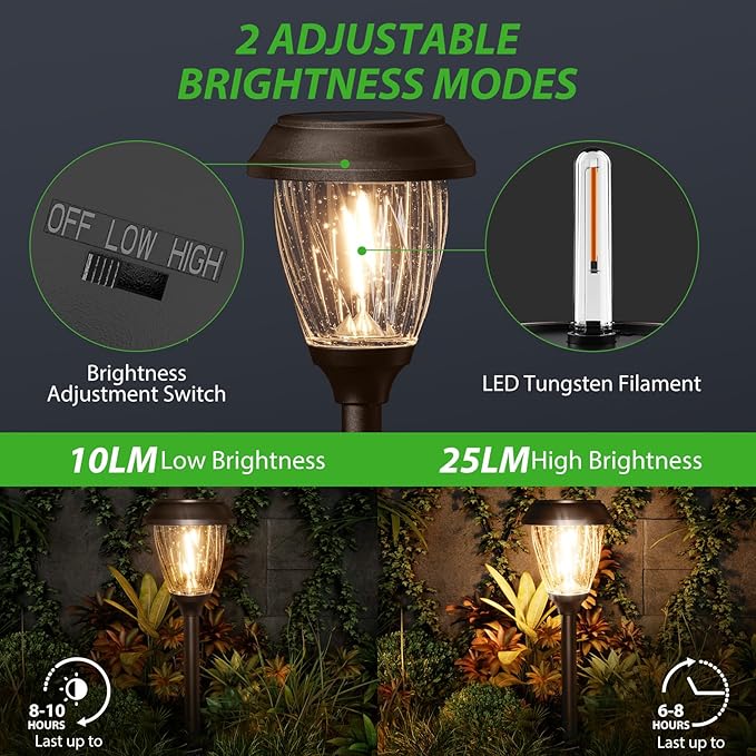 XMCOSY+ Solar Lights Pathway Outdoor - 2 LED Modes 10/25 LM Solar Powered Yard Garden Lighting, Waterproof IP65 Glass Stainless Steel Landscape Lights for Driveway Walkway Sidewalk Decor (Warm White)