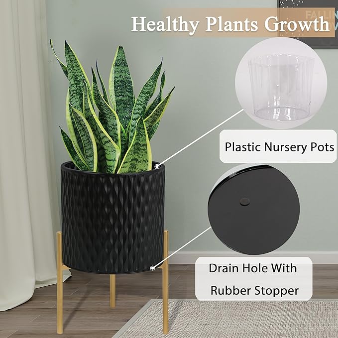 ARNIS Plants Pots with Stand, Set of 2 Planters, Unique Mid Century Decorative Metal Flower Pots with Drainage, 8.25 & 10.5 Inch, Black