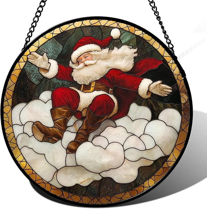 Stained Glass Window Hanging - Red White Santa Claus Clouds Suncatcher for Doors Home Christmas Decoration Sun Catcher Thanksgiving New Year Birthday Gifts for Friend Women Men Mom Nana 6.3 in