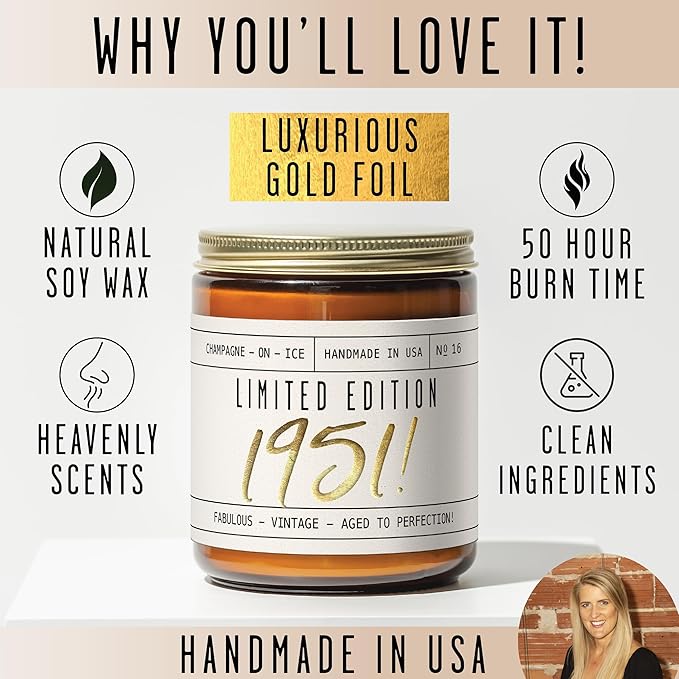 75th Birthday Gifts for Women - 'Limited Edition 1951' Soy Candle, w/Champagne on Ice I 75th Birthday Gift for Her Ideas I 9oz Reusable Jar, 50Hr Burn, Made in USA