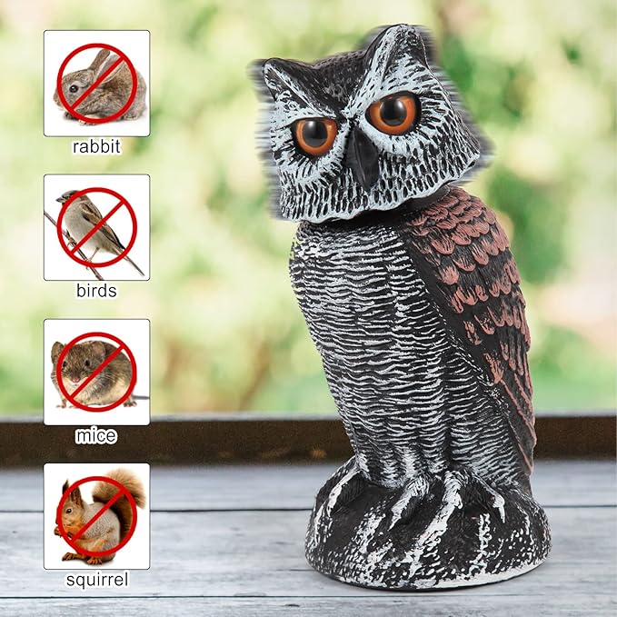 Hedoc 2 Pack Fake Owl Decoys to Scare Birds Away, Rotating Head Bird Deterrents, Nature Enemy Scarecrow Plastic Statues, Pest Repellent for Gardens and Patios
