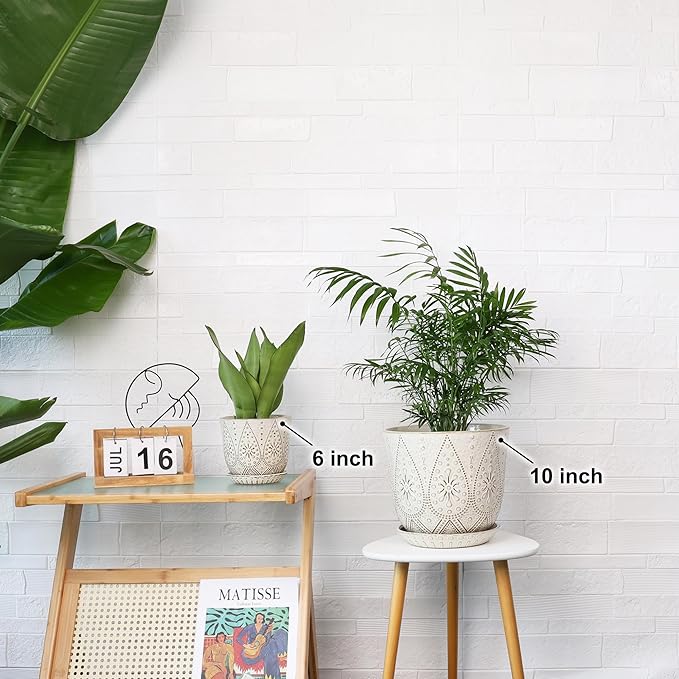 Gepege 10 Inch Plant Pot, Creamy White Ceramic Planter with Drainage Holes and Saucers for Plants Indoor and Outdoor Flower Pot