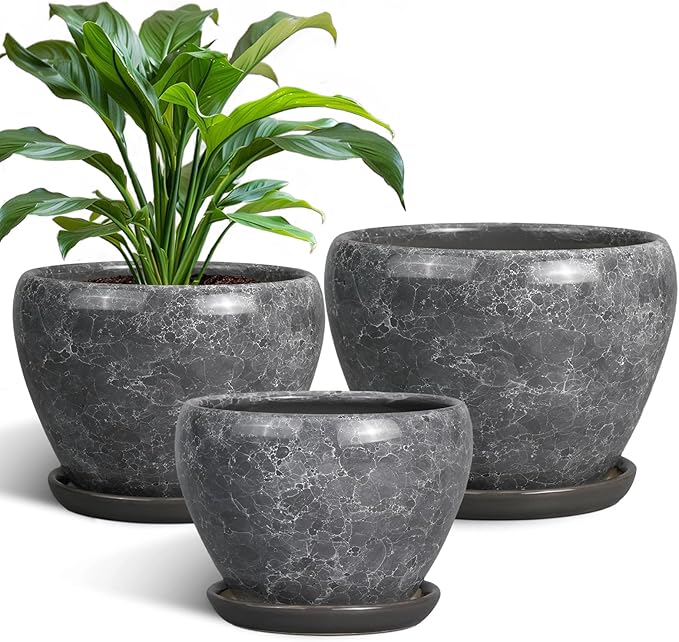 Ceramic Planters - 10 Inch 8 Inch 6 Inch Round Decorative Plant Pots with Drainage Holes and Saucers for Indoor Outdoor Flower, Room Home Apartment Decor, Gift for Women Men, Set of 3, Grey