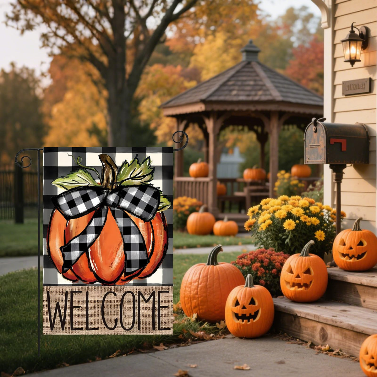 Fall Garden Flags for Outside 12x18 | Garden Flag Pumpkin Buffalo Plaid
