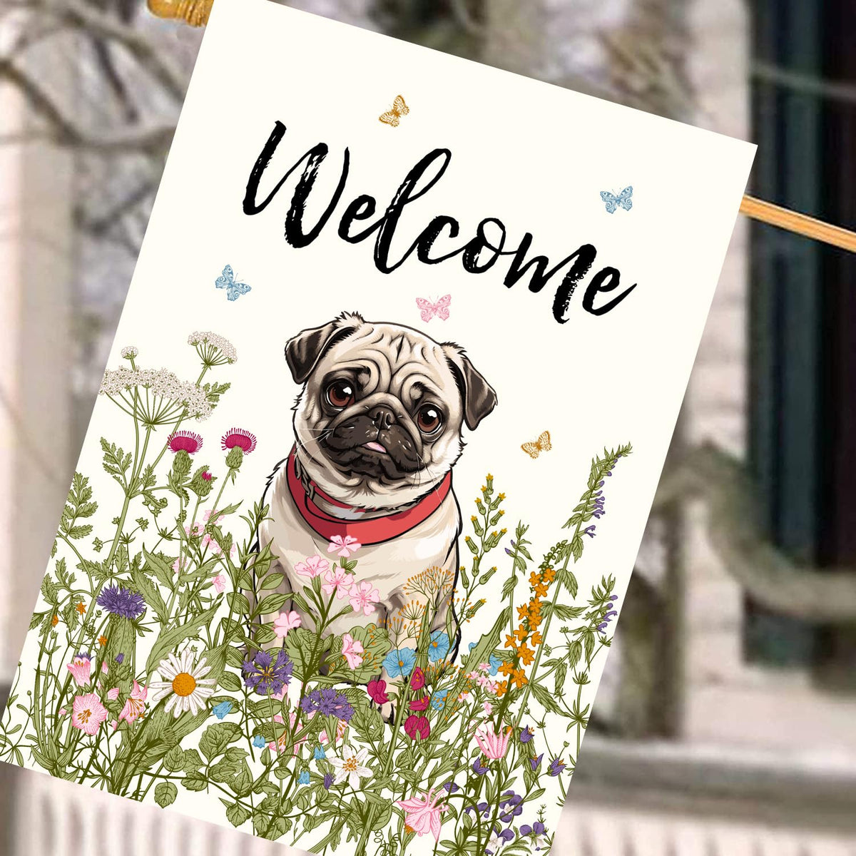 Floral Pug Garden Flag Spring Summer House Flags 28 x 40 Double Sided Flower Dog Yard Flags for Outside Large Outdoor Welcome Flags