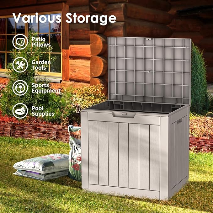 TARKARI 35 Gallon Lockable Resin Deck Box, Waterproof & UV-Resistant Outdoor Storage Box for Outdoor Cushion Storage, Garden Tools & Pool Accessories Storage, Gray