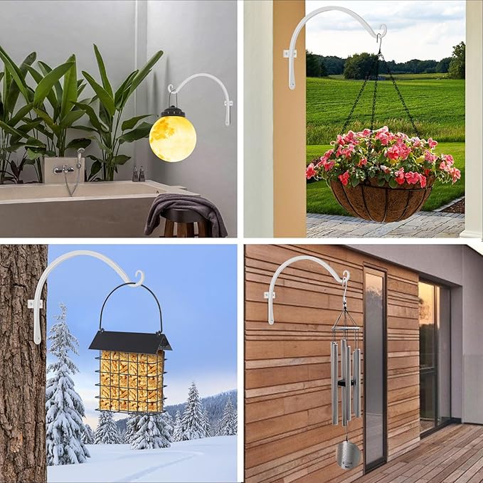 FEED GARDEN 2 Pack 12 Inch Hanging Plant Bracket Wall Hooks Decorative Plant Hangers for Outdoor Hanging Bird Feeders, Wind Chimes, Plant Baskets, White