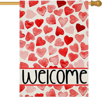 Valentines Love Hearts House Flags for Outdoor Decoration, Welcome Love Hearts Large Yard Flag, Decorative Anniversary Wedding Seasonal Farmhouse Holiday Outside Decor 28x40 Inch Vertical Double Sided