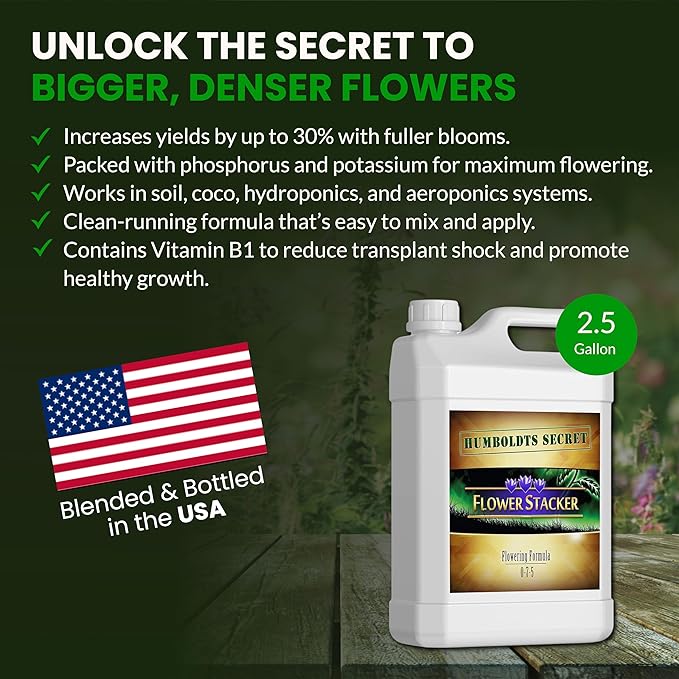 Humboldts Secret Flower Stacker | 0-7-5 Bloom Booster with Vitamin B1 | High Phosphorus Potassium Flowering Nutrients | Potting Soil Hydroponics Coco | Indoor & Outdoor Plants | 2.5 Gallon