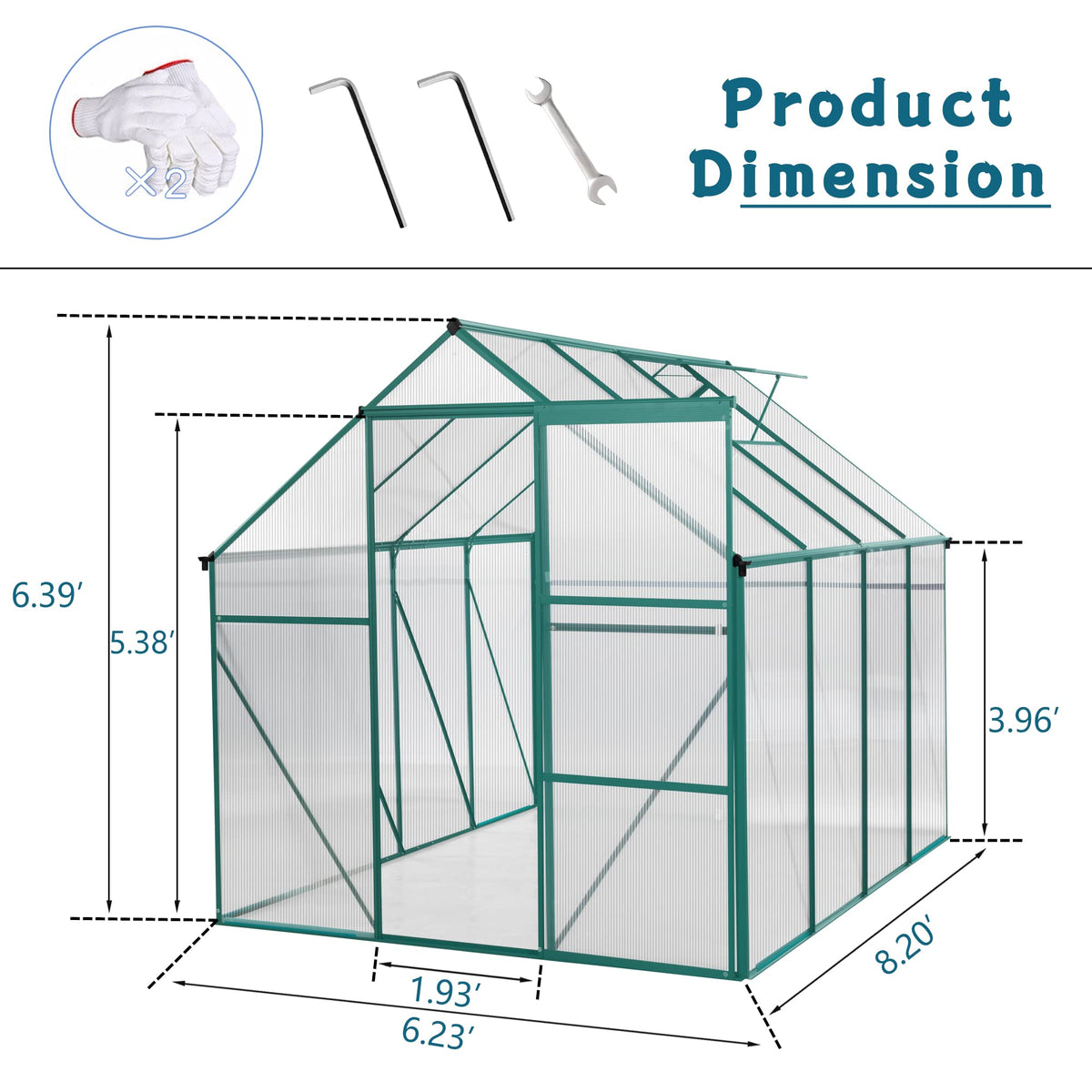 6x8 FT Green Outdoor Walk-in Polycarbonate Greenhouse Adjustable Roof Vent Sliding Door Aluminum Frame Galvanized Base for Backyard Gardening Plants Vegetables Flowers UV Protection Greenhouse