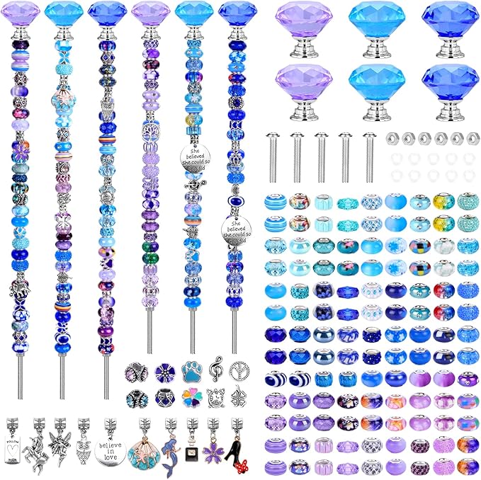 DIY Fairy Wand Garden Beads Stakes Wands Kit,Multiple Color Scheme European Beads Crystal Diamond Tops and 12 or 10 Inch Threaded Rods,Stainless Steel Stakes with Diamond Toppe(Purple+Aqua+Sapphire)