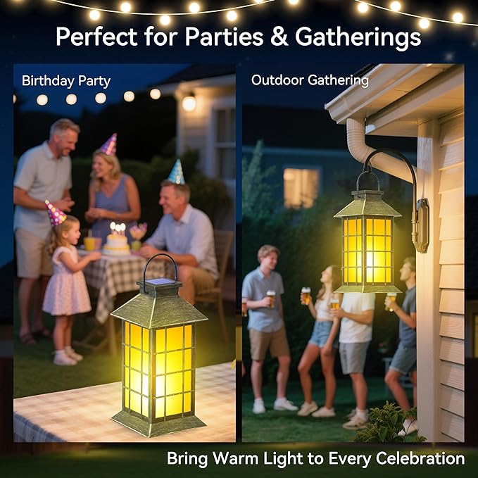 2 Pack 13" Bronze Solar Lantern with Flickering Flame Candle | Outdoor Waterproof Hanging Lanterns, Metal & Glass Solar Lights for Garden Decoration, Rustic Gifts for Mom
