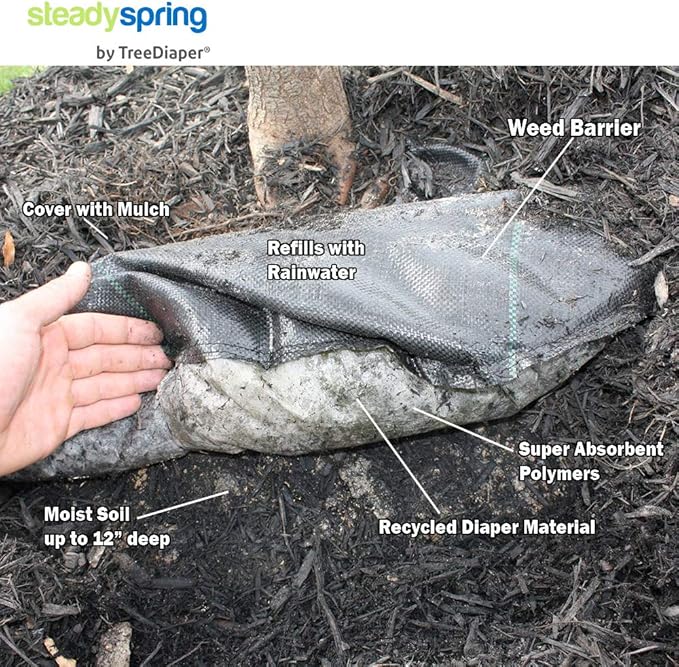 SteadySpring® Smart 30+Day Tree Watering Mat Auto Refills with Rain for Trees with ~20 in (16 in to 23 in) Root Ball - Watering Mat Plus Weed Barrier and Frost Protection Blanket (2)