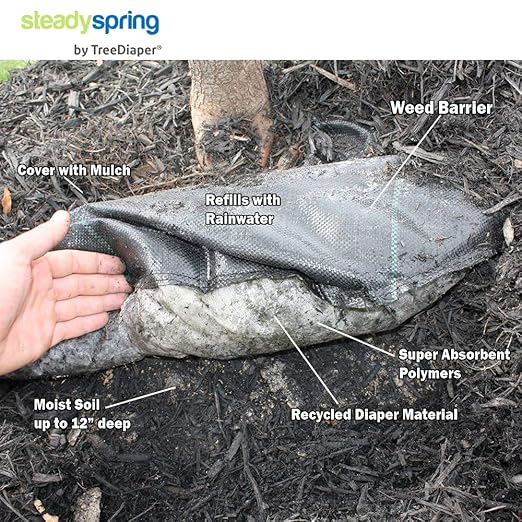 SteadySpring® 24" Smart 30+Day Tree Watering Mat - AUTO Refills with RAIN and Slow Releases As Plant Needs - for Root Balls 11" - 15" Dia Slow Release Technology Prevents Over and Under Watering (24)