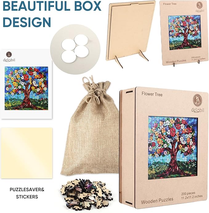 Delobil Jigsaw Puzzles, Flower Tree Wooden Puzzles for Adults, 200 Piece Unique Shaped Stained Glass Puzzle for Kids, Plant Art Birthday Gifts Family Game, 11.2 x 11.2 Inches